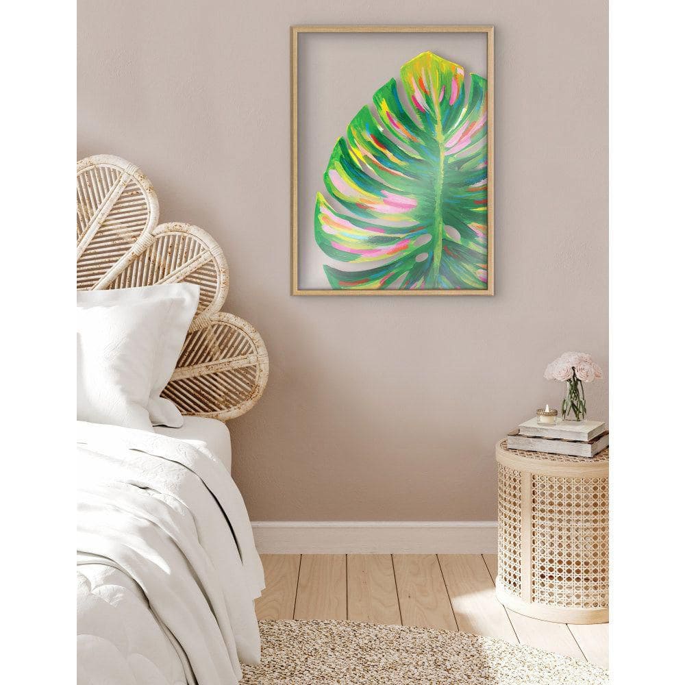 Colorful Monstera Botanical Art with Natural Frame, 24x32