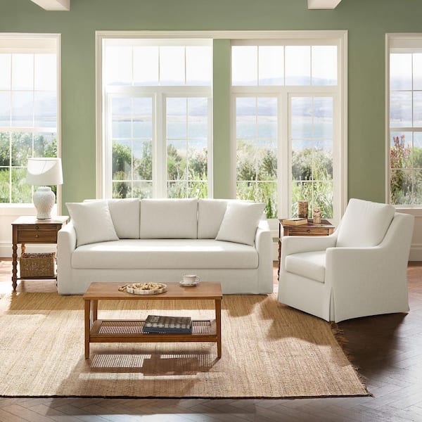 Matthew 4-Piece White Polyester Slipcovered Living Room Sets with Sofa Swivel Chair and End Table