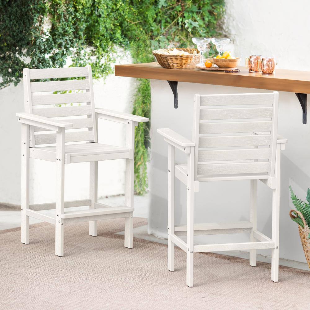 White Plastic HDPE Outdoor Bar Stool with Arms (2-Pack)