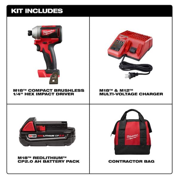 Milwaukee 2850-21P-48-32-4082 M18 18V Lithium-Ion Compact Brushless Cordless 1/4 in. Impact Driver Kit w/ Screw Driver Bit Set PACKOUT (100-Piece) - 2