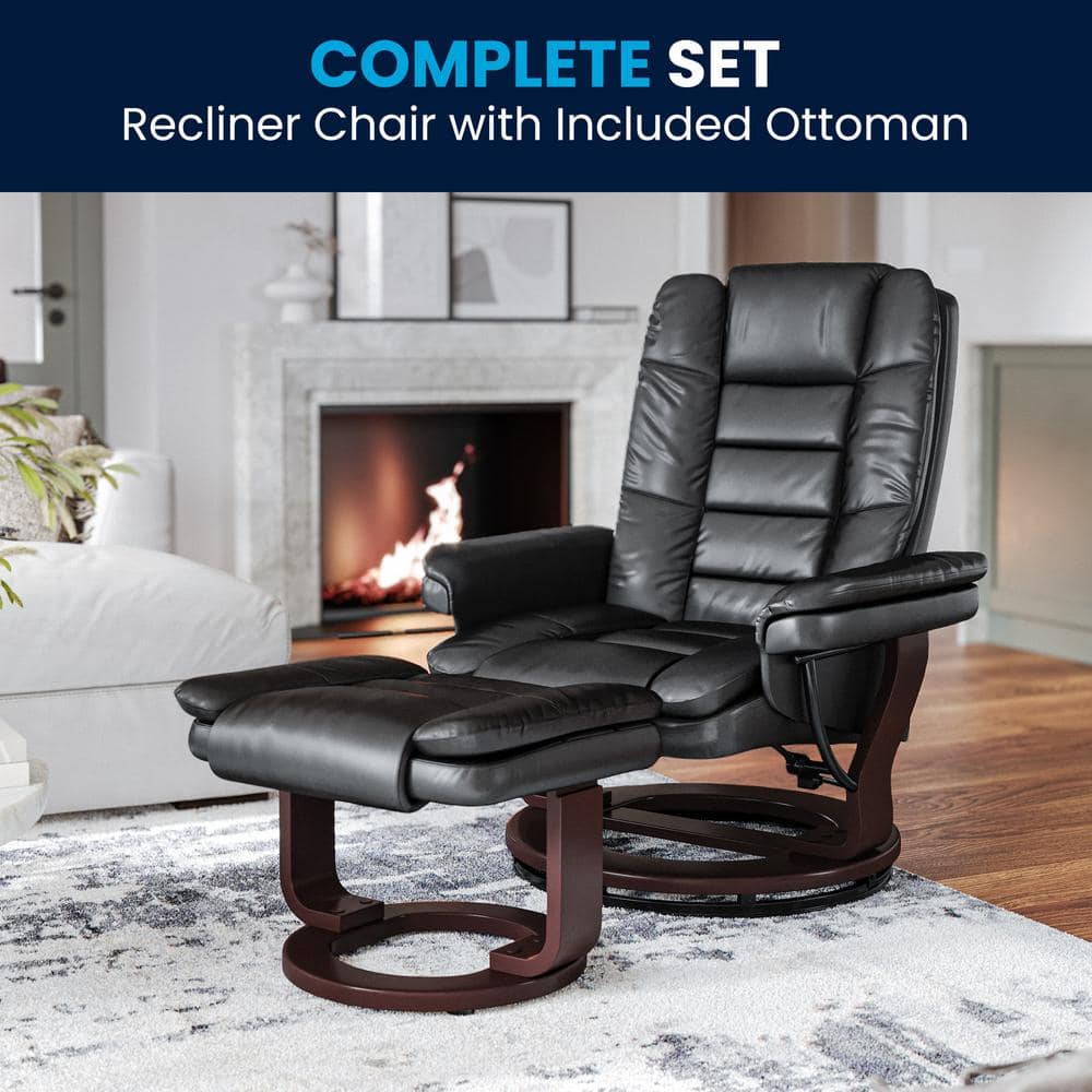Black Faux Leather Swivel Recliner with Wood Base