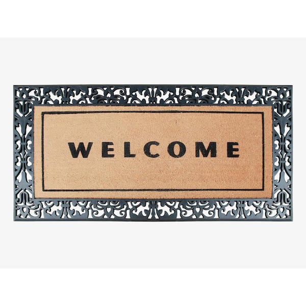 A1HC Welcome Flocked Entrance Door Mats Black/Beige 30 in. x 60 in. Rubber & Coir, Heavy Duty, Extra Large Size Doormat