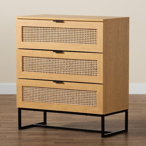 Baxton Studio Sawyer 3 Drawer Oak Brown and Black Chest of Drawers