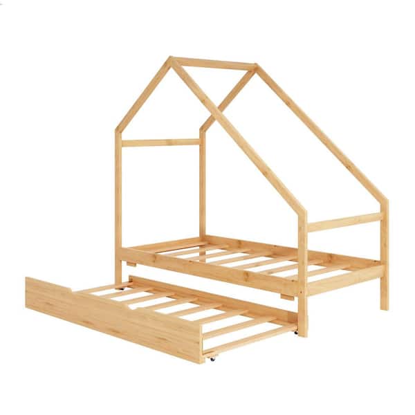 Donason Natural Twin Size Wooden House Bed With Twin Size Trundle
