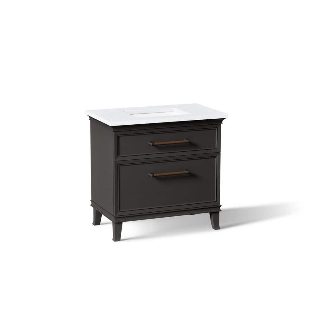 Artifacts 36 in. Freestanding Carbon Oak Bath Vanity with White Eternal Statuario Quartz Top And Black Hardware