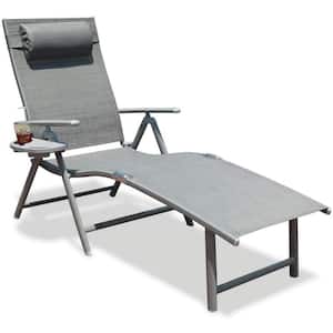 Gray Metal Outdoor Folding Chaise Lounge Chair with Pillow