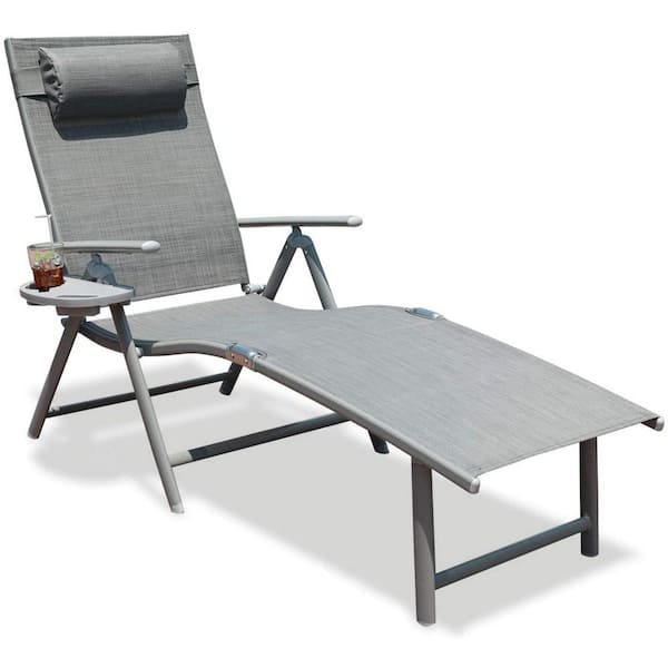 maocao hoom Gray Metal Outdoor Folding Chaise Lounge Chair with Pillow