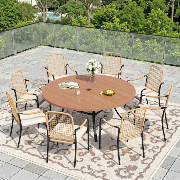 9 piece resin wicker patio dining set with umbrella vicllax 9-Piece Metal Outdoor Dining Set with 53 in. Walnut Round Dining  Table and 8 Wicker Dining Chairs with Beige Cushions VX-RBT05WL406WH