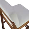 Close-up of the upholstered seat and wood frame of a bar stool.