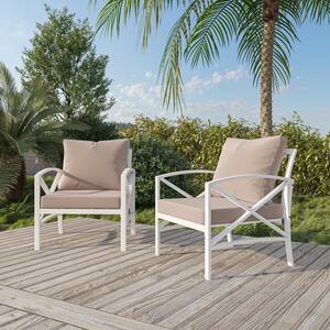 Licorice White Frame 2-Piece Metal Arm Chair Garden Outdoor Sectional Set Contemporary Sofa with Cushions in Beige