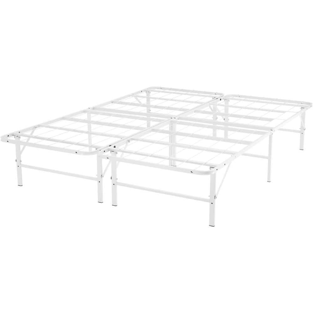 White Queen Upholstered Metal Platform Bed Frame with Slats