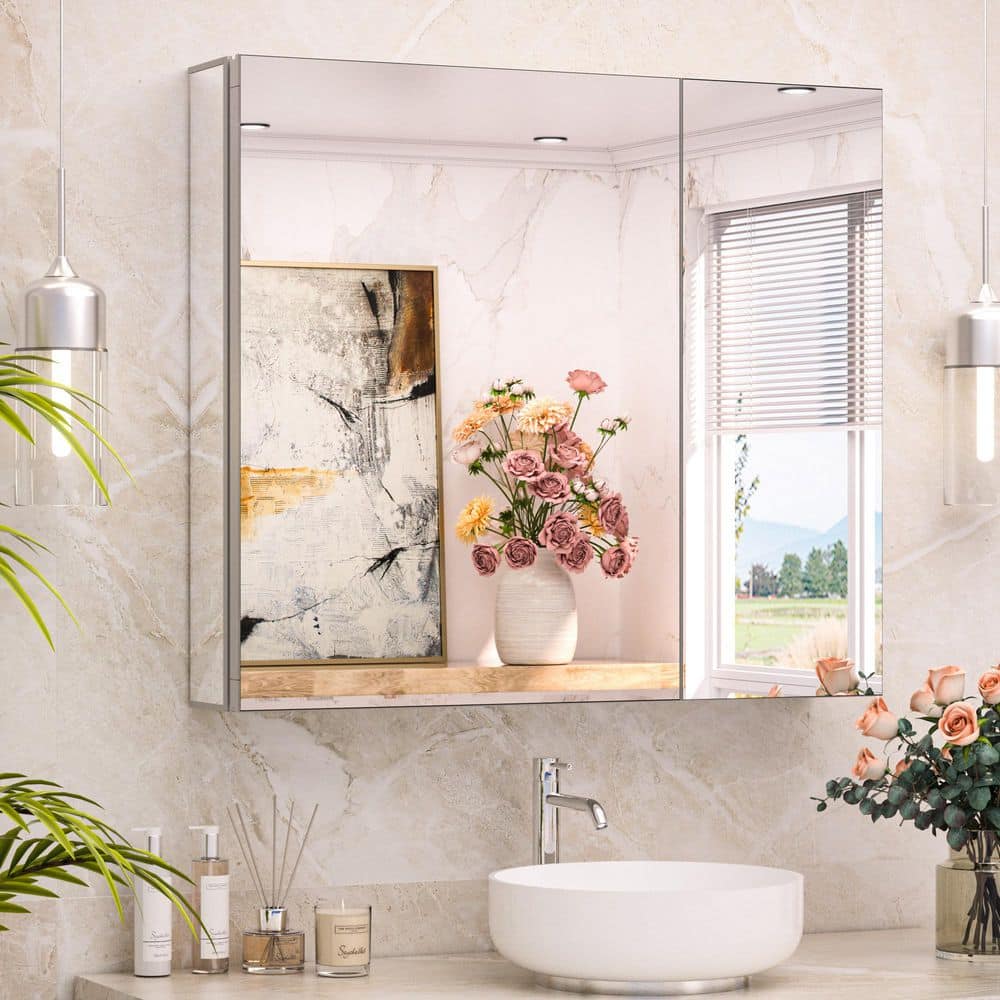 30 in. W x 26 in. H Rectangular Frameless Aluminum Silver Recessed or Surface Mount Medicine Cabinet with Mirror price history on PriceWatchPro