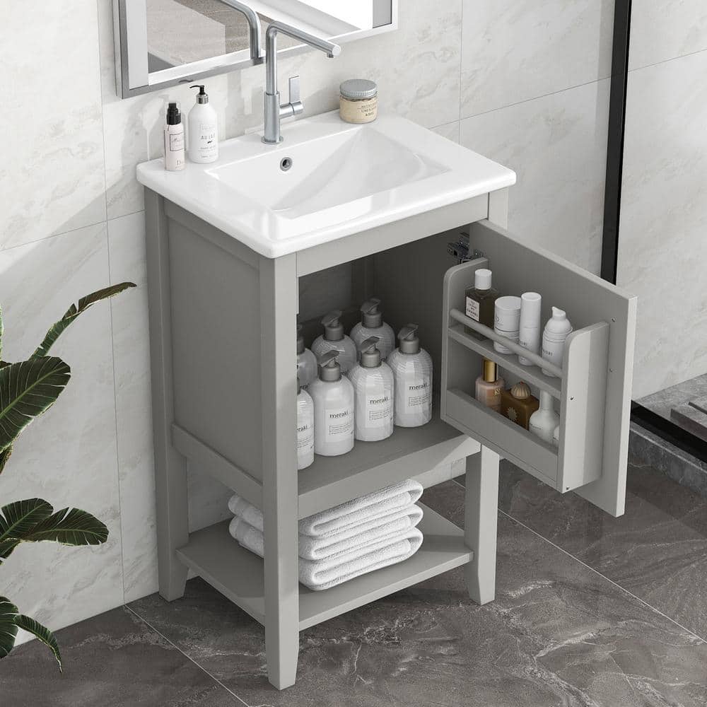 20 in. W. x 16 in. D x 34 in. H Freestanding Bath Vanity in Gray with White