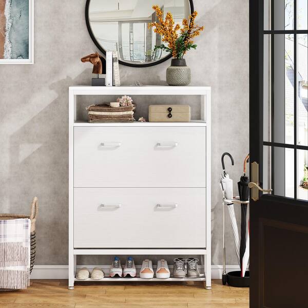 BYBLIGHT 43.3 in. H White 24-Pairs Shoe Storage Cabinet, Freestanding Wood Shoe Rack with Doors for Entryway