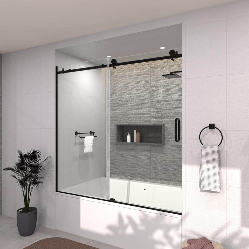 60'' Matte Black Semi-Frameless Sliding Tub Door with Clear Glass