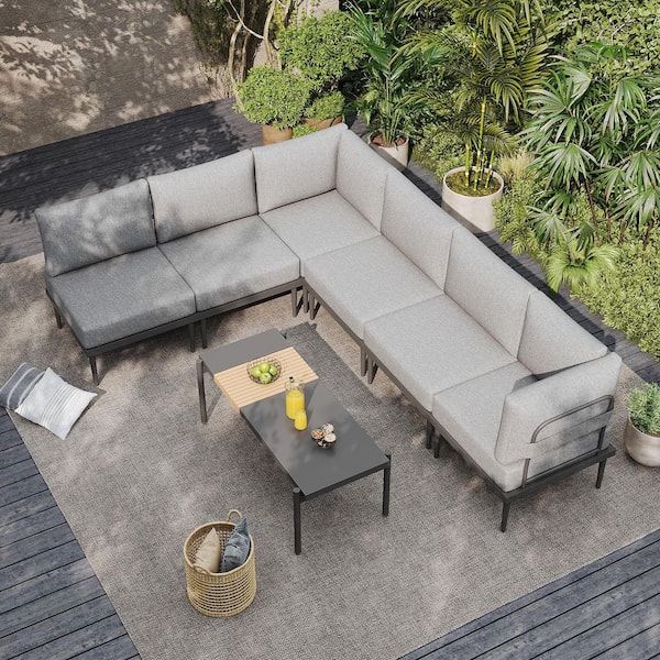 AURA OUTDOOR 7-Piece Metal Outdoor Patio Conversation Set with Coffee Table, Grey Cushions and Grey Frame