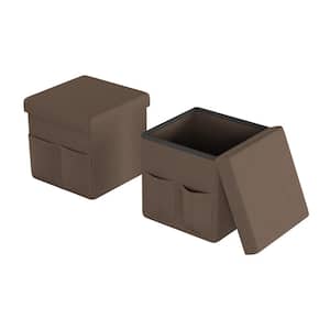 Brown Foldable Storage Cube Ottoman with Pockets (Set of 2)