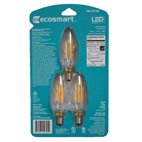 3 Pack EcoSmart 40-Watt Equiv B11 Dimmable Vintage Edison LED Light Bulb 739 