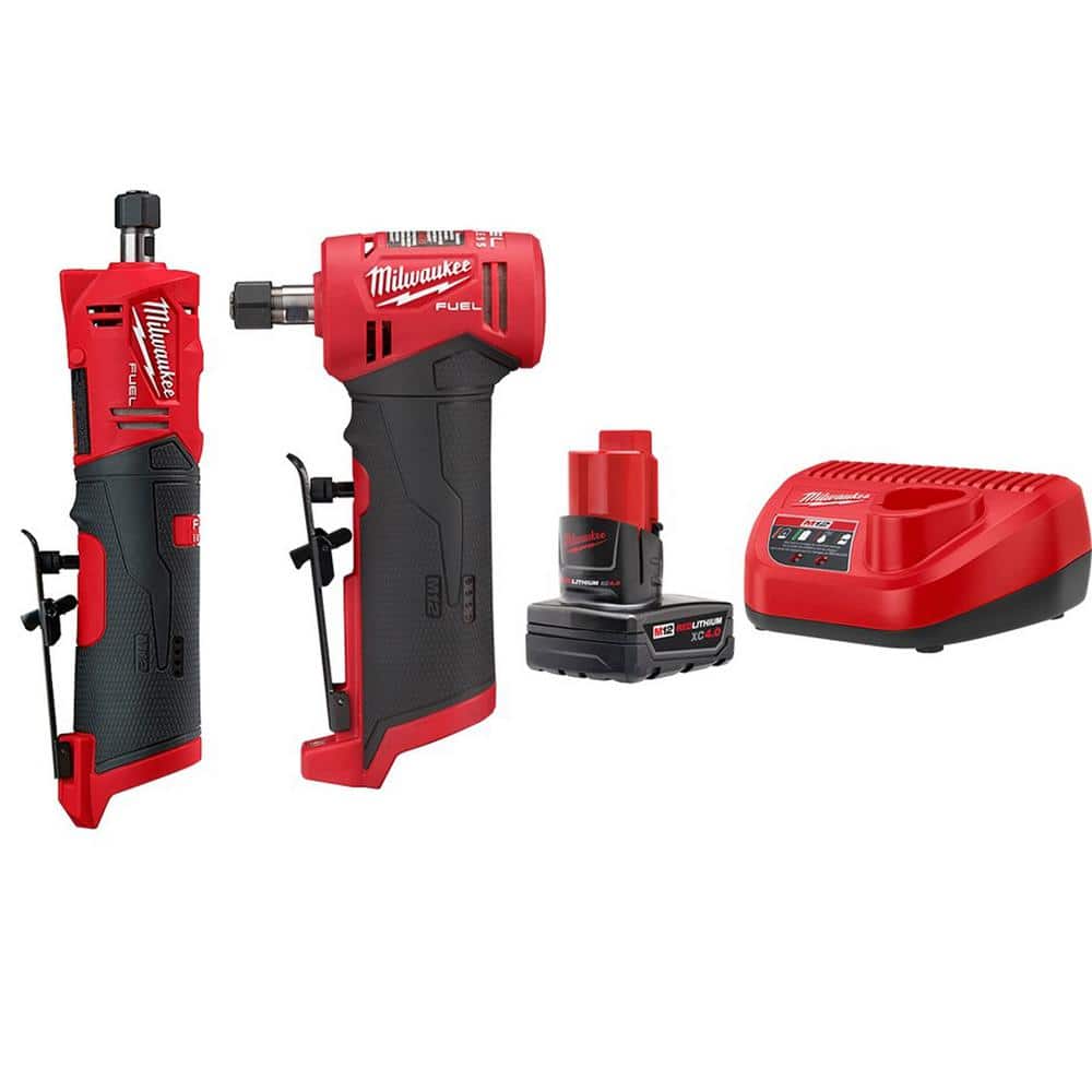 Milwaukee M12 FUEL 12V Lithium-Ion Brushless Cordless 1/4 in. Straight & Right Angle Die Grinder Kit with Battery & Charger -  2486-20-24-2X3