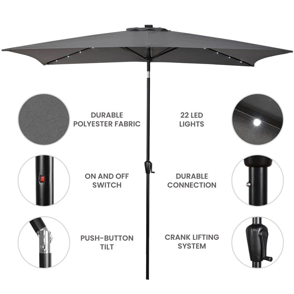 Gray Rectangular Steel Solar LED Patio Umbrella with Hand Crank