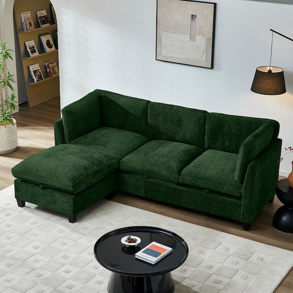 Prescott Modern 96.5 in. Chenille Fabric Upholstered L-Shaped 3-Seater Storage Sectional Sofa in Green with Ottoman