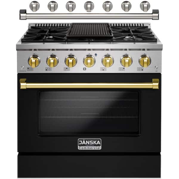 JANSKA 36 in. 5.2 cu. ft. Gas Range with 6-Burners, Convection Oven, Griddle, and 2-Sets of Knobs and Handle in Matte Black