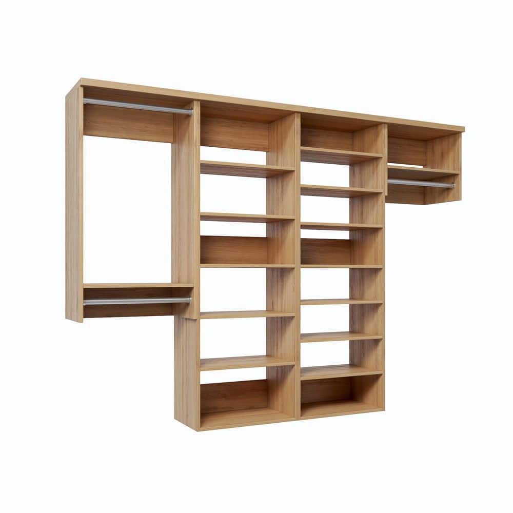 90 in. W Natural Oak Reach-in Wall-Mount 3-Rod 15-Shelf Wood Closet System