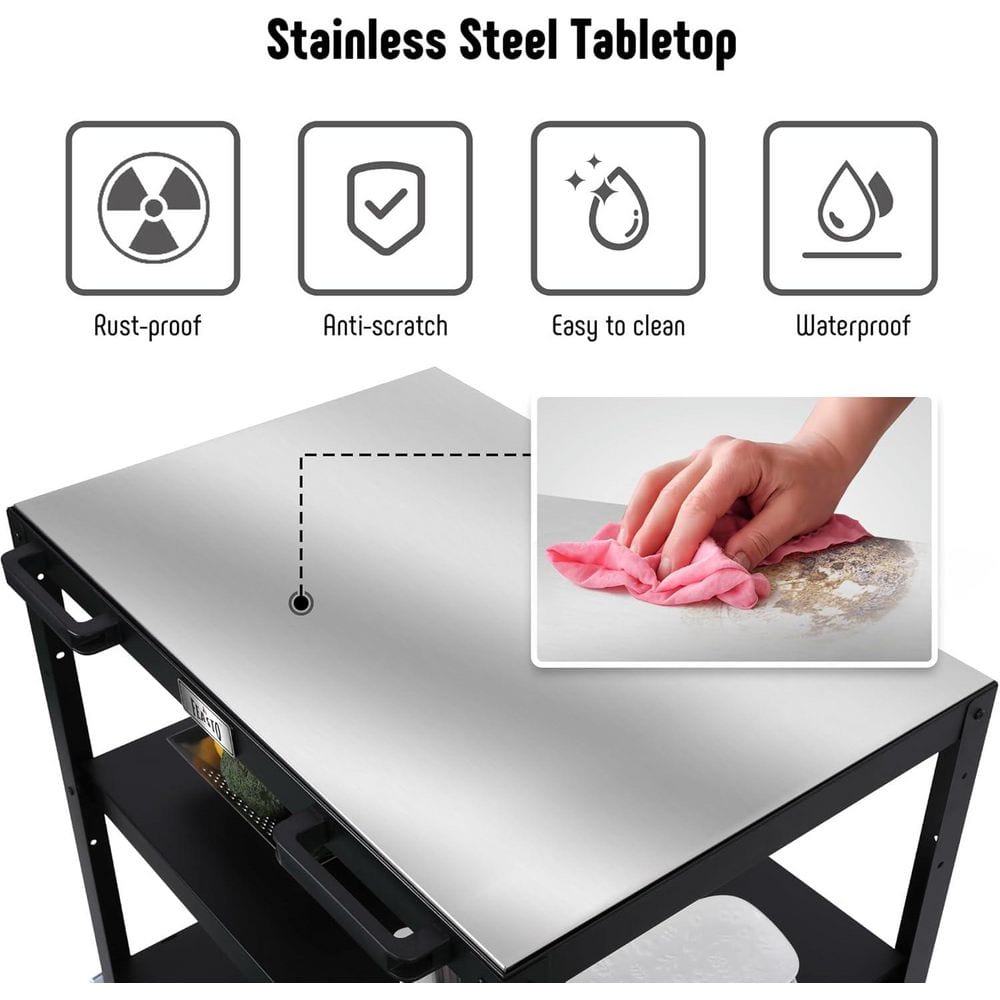Feasto 3-Shelf Black and Stainless Steel Outdoor Kitchen Cart