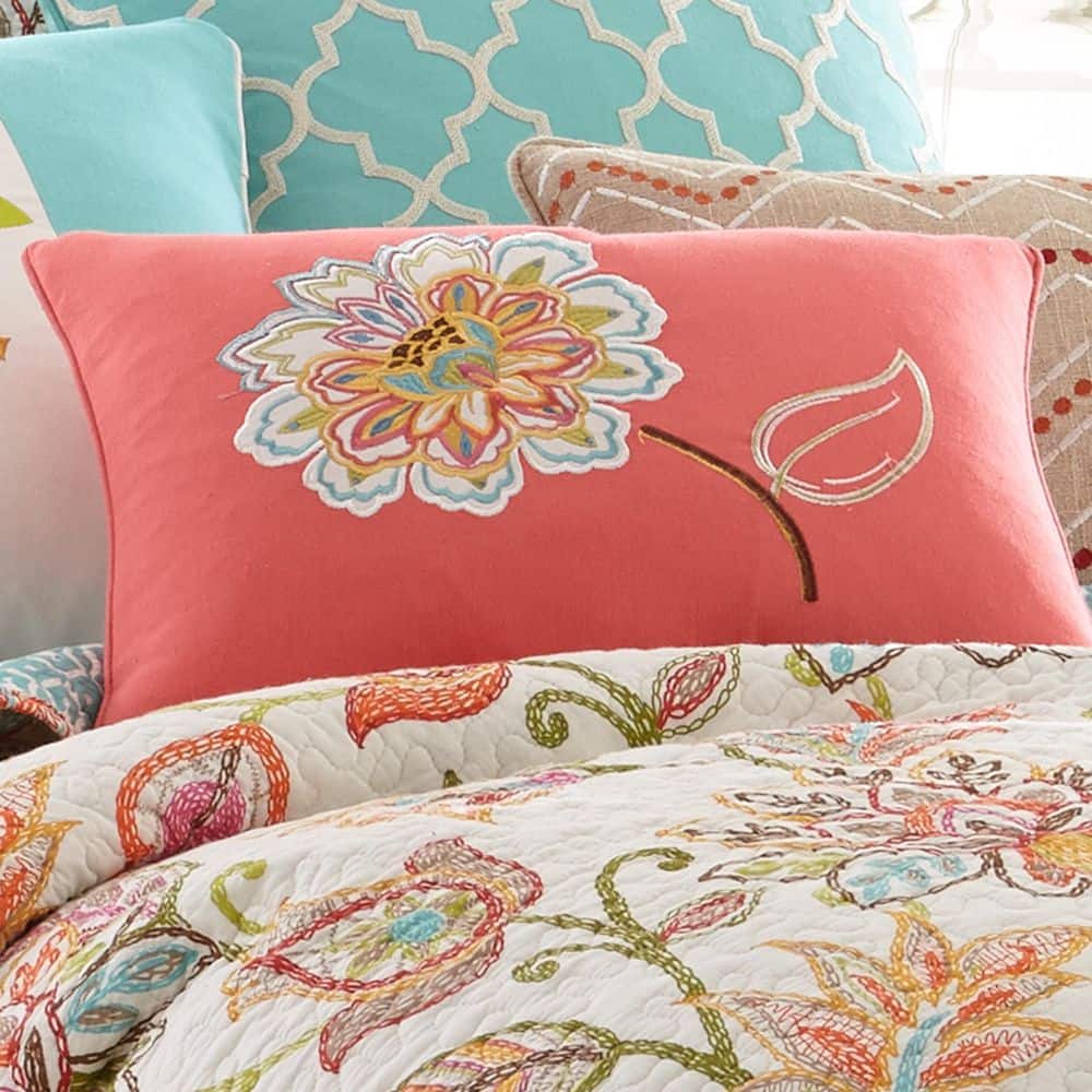 Coral Embroidered Floral Lumbar Pillow with Feather Fill