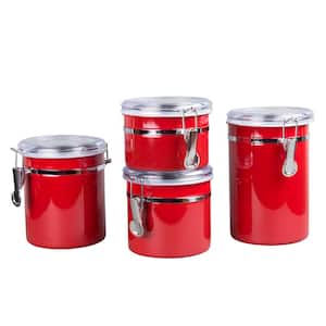 Set of 4-Pieces Red Stainless Steel Canister Storage Container with Air Tight Lid and Locking Clamp
