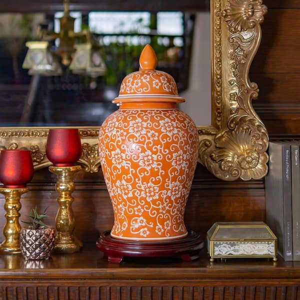 Red Lantern 18 in. White Flowers on Orange Temple Jar