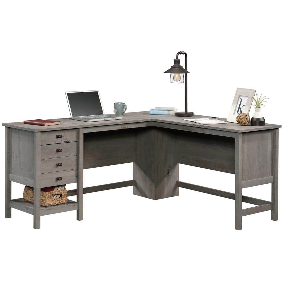 Mystic Oak L-Shaped Gray Wood Computer Desk with Drawer and Filing Cabinet