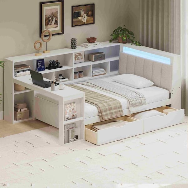 White Twin Size Daybed with Desk and Storage Bookcase, Under-bed Drawers and LED Light