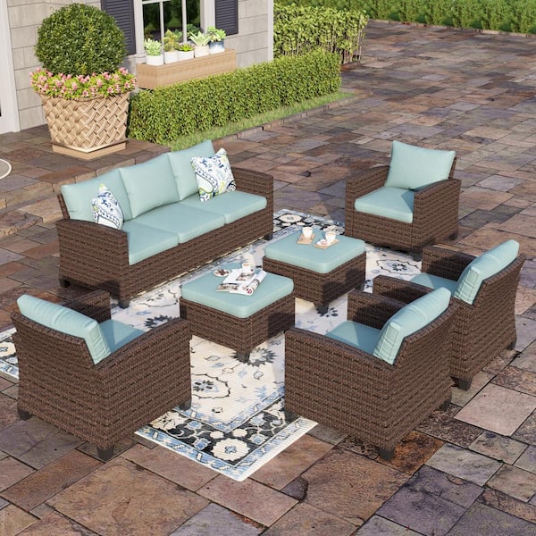 PHI VILLA Brown Rattan Wicker 9 Seat 7-Piece Steel Outdoor Patio Conversation Set with Blue Cushions and 2 Ottomans