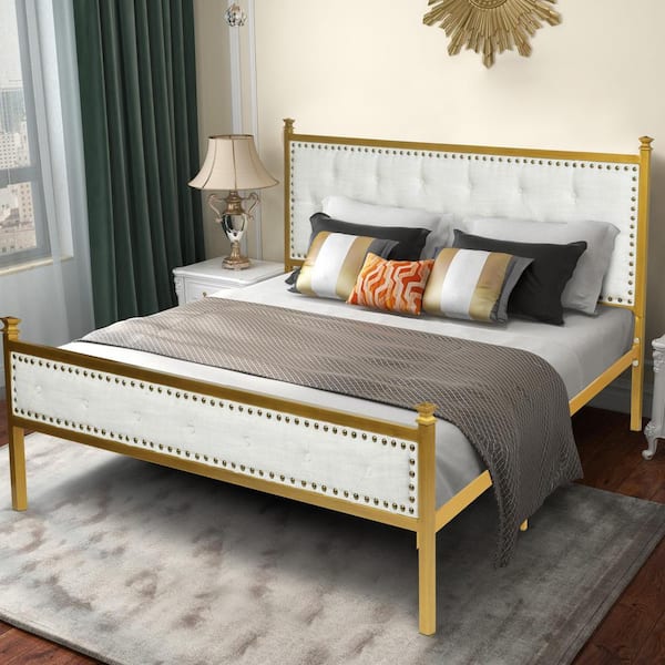 Homy Casa VELEDA Queen Beige Luxury Tufted Fabric Upholstered Queen Size Metal Platform Bed Frame with Box Spring Not Required