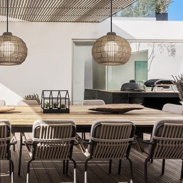 Eurofase Markis 17 in. 1-Light Brown Dimmable Outdoor Pendant Light with Khaki Rope Shade