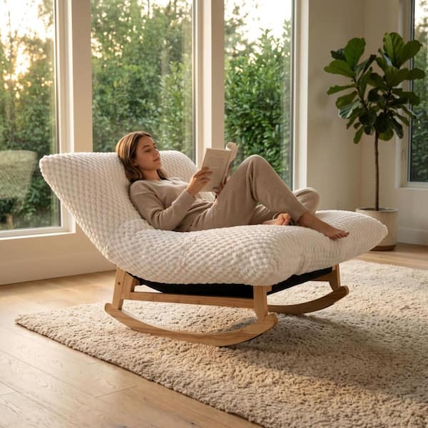 Antique White Corduroy Bean Bag Rocking Chair Armless Lazy Sofa for Adults with Solid Wood Frame