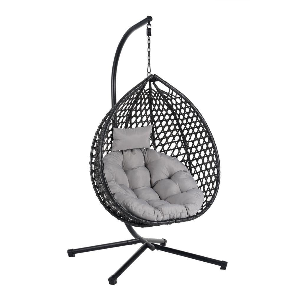1-Person Metal Patio Swing Egg Chair with Black Chair and Gray Cushion for Indoor and Outdoor