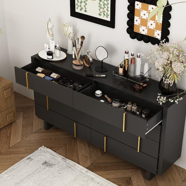 FUFU&GAGA 8-Drawer Black Wood Chest of Drawer with Golden Handle