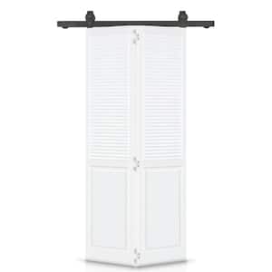 24 in. x 80 in. Half Louver Panel Solid Core Prime White Wood Bi-Fold Barn Door with Sliding Hardware Kit