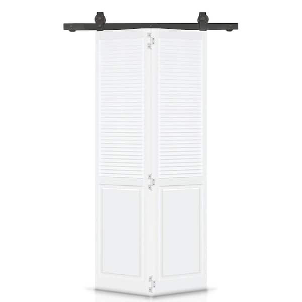 CALHOME 24 in. x 80 in. Half Louver Panel Solid Core Prime White Wood Bi-Fold Barn Door with Sliding Hardware Kit