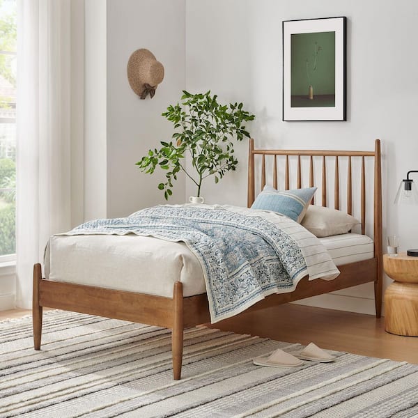 Zane Walnut Brown Solid Rubberwood Frame Twin Spindle Platform Bed