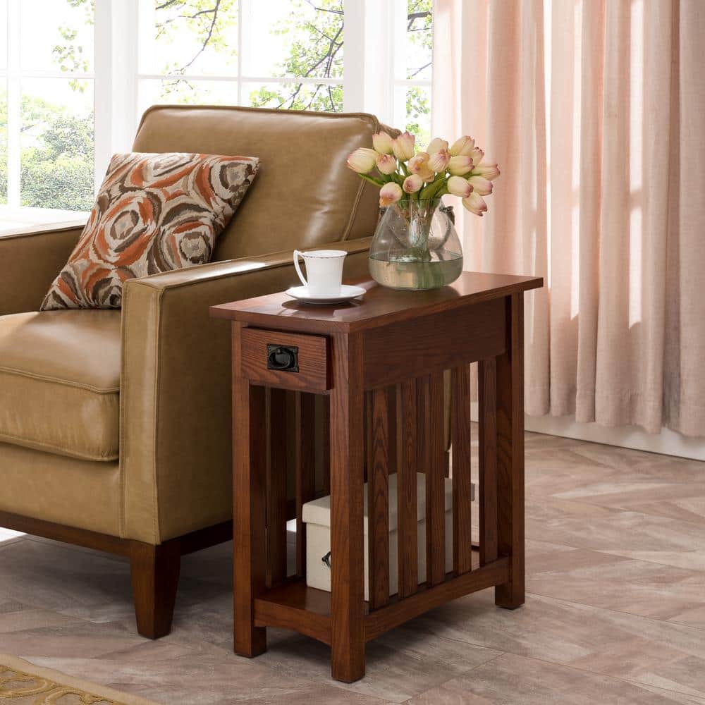 Medium Oak Mission End Table with Drawer and Shelf