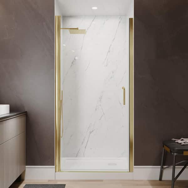 Victoria 36 to 38 in. W x 72 in. H Pivot Swing Frameless Shower Door in Brushed Gold with Clear Glass