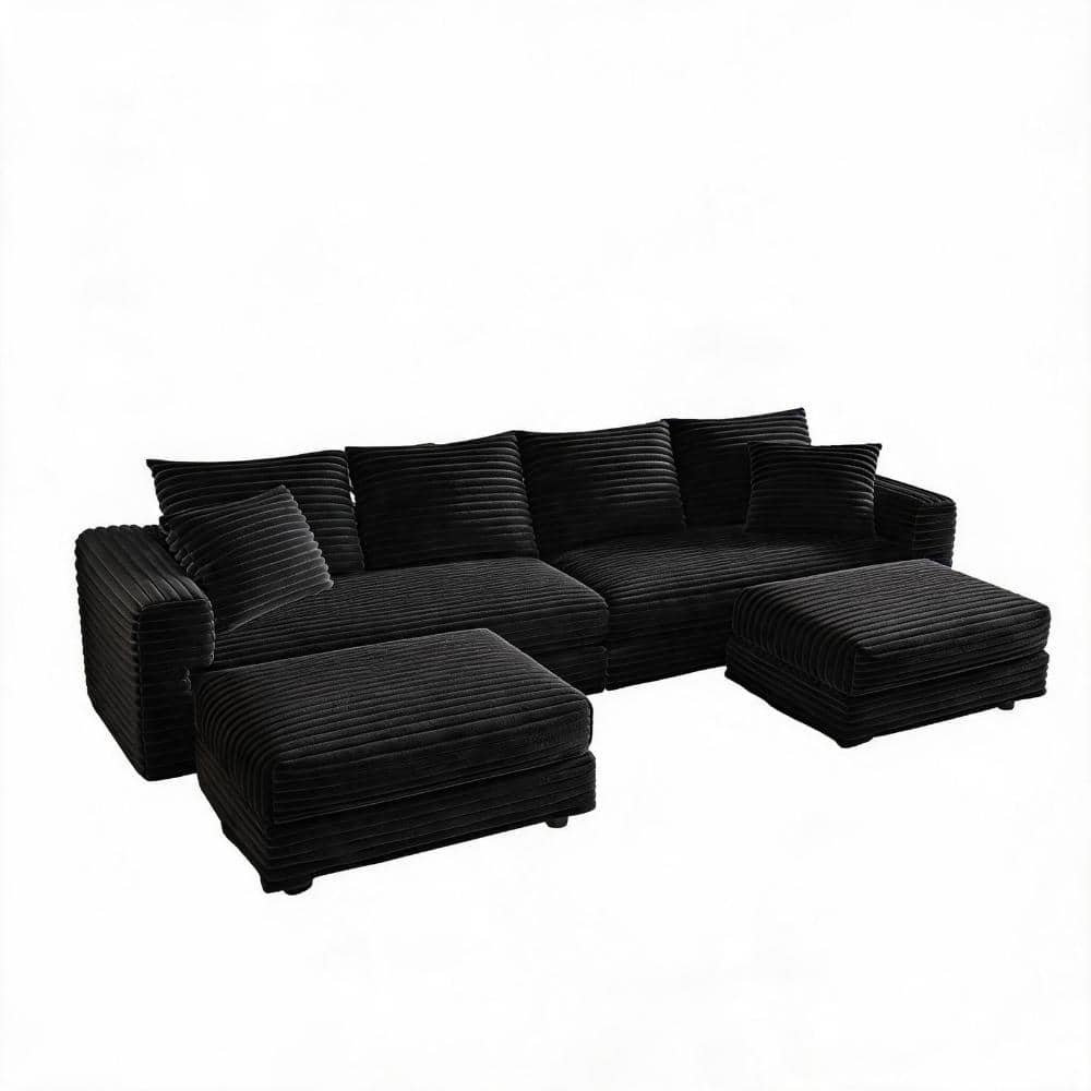 102.4 in. Flared Arm Plush Corduroy Rectangular Sofa with Pillows and 2 Ottomans in Black durable construction