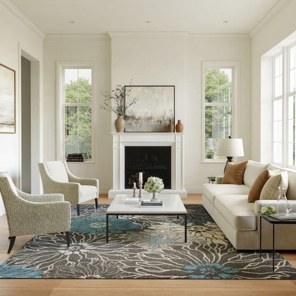 Passion Charcoal/Blue 8 ft. x 10 ft. Floral Contemporary Area Rug