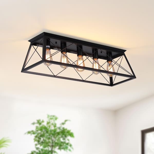31.5 in. 5-Light Matte Black Industrial Flush Mount Ceiling Light with Open Cage Frame for Kitchen, Hallway or Entryway