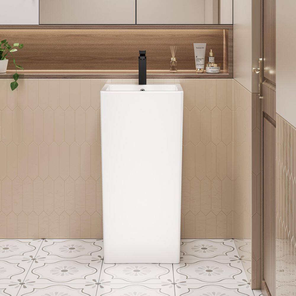 Glossy White Ceramic Square Pedestal Bathroom Sink