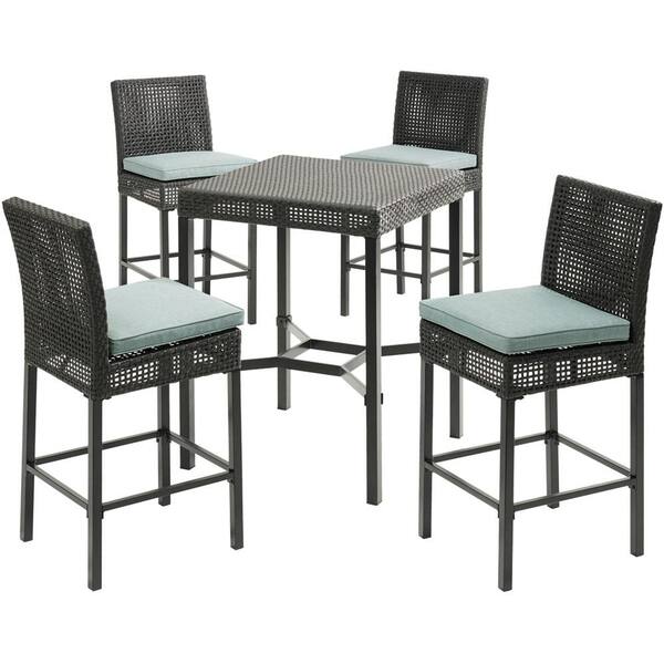 Hanover Malta 5-Piece Wicker Outdoor Bar Height Dining Set with 4 Counter-Height Woven Chairs with Blue Cushions