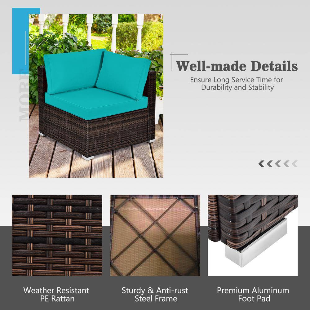 Turquoise Cushioned 5-Person Brown Iron Wicker Patio Set